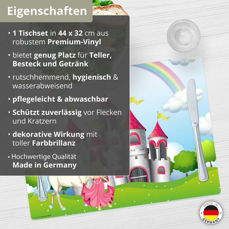 Produktbild: Tischsetmacher Tischset f&uuml;r Kinder M&auml;rchenschloss mit Einhorn und Prinzessin, aus hochwertigem Vinyl , 44 x 32 cm