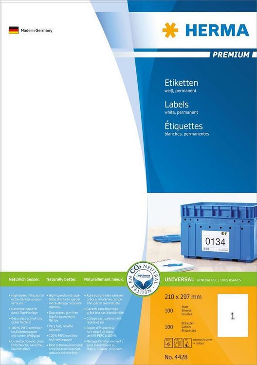 Produktbild: HERMA Etiketten permanent wei&szlig; 210x297mm 100 Blatt 100 St&uuml;ck