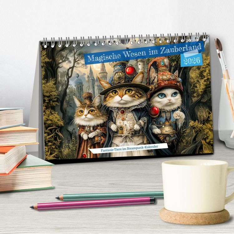 Produktbild: Magische Wesen im Zauberland - Fantasie-Tiere im Steampunk-Kalender (Tischkalender 2026 DIN A5 quer), CALVENDO Monatskalender