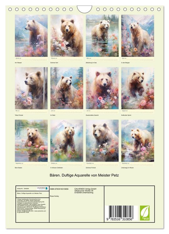 Produktbild: B&auml;ren. Duftige Aquarelle von Meister Petz (Wandkalender 2026 DIN A4 hoch), CALVENDO Monatskalender