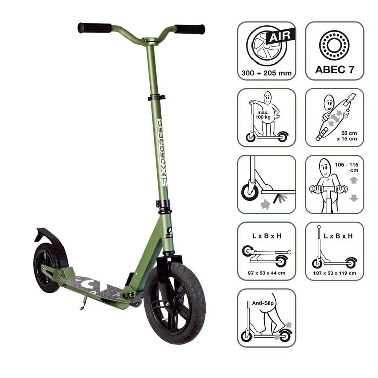 Produktbild: SIX DEGREES Aluminium Scooter All Terrain 300/205 mm olivgr&uuml;n