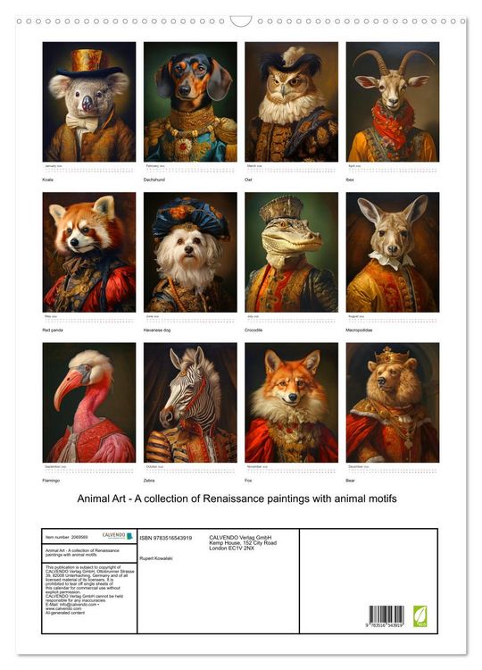 Produktbild: Animal Art - A collection of Renaissance paintings with animal motifs (Wall Calendar 2026 DIN A2 portrait), CALVENDO 12 Month Wall Calendar