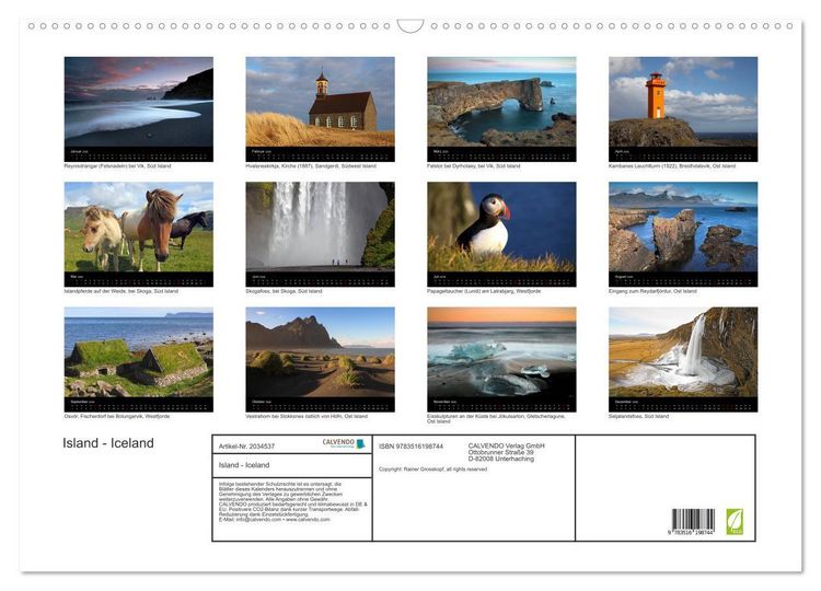 Produktbild: Island - Iceland (Wandkalender 2026 DIN A2 quer), CALVENDO Monatskalender