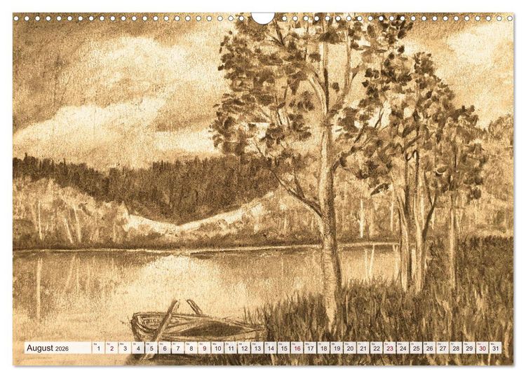 Produktbild: Pausen f&uuml;r deine Seele - Seelenlandschaften in Sepia - Ein Jahr der Ruhe mit Kohlezeichnungen (Wandkalender 2026 DIN A3 quer), CALVENDO Monatskalender