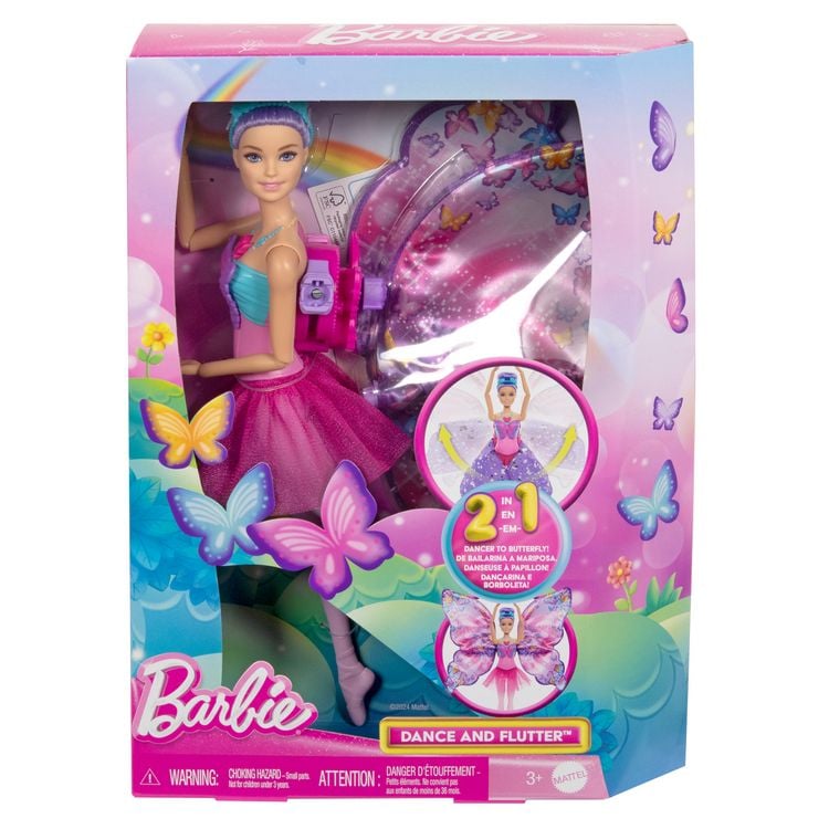 Produktbild: Barbie Tanz und Flatter Puppe mit 2-in-1-Verwandlung von der Tänzerin zum Schmetterling, violette Haare