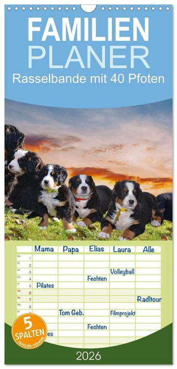 Produktbild: Familienplaner 2026 - Rasselbande mit 40 Pfoten mit 5 Spalten (Wandkalender, 21 x 45 cm) CALVENDO