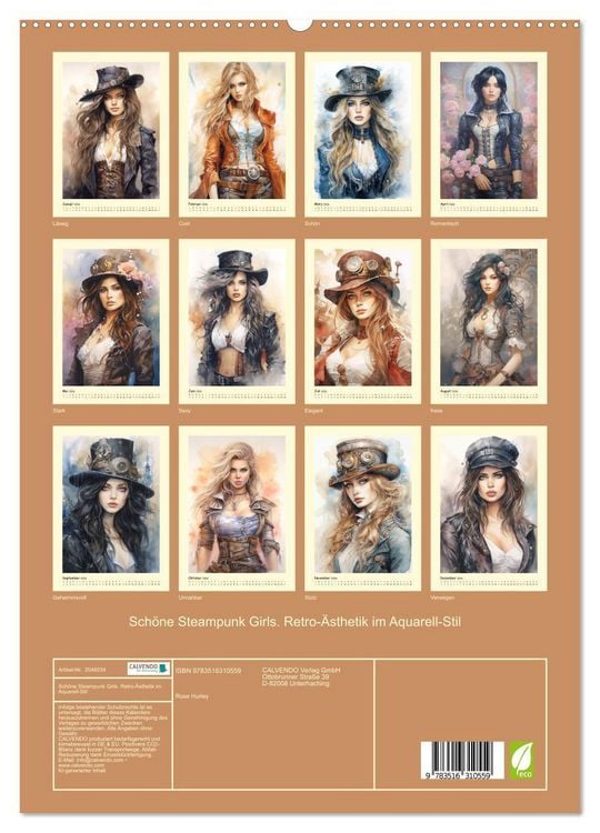 Produktbild: Sch&ouml;ne Steampunk Girls. Retro-&Auml;sthetik im Aquarell-Stil (hochwertiger Premium Wandkalender 2026 DIN A2 hoch), Kunstdruck in Hochglanz