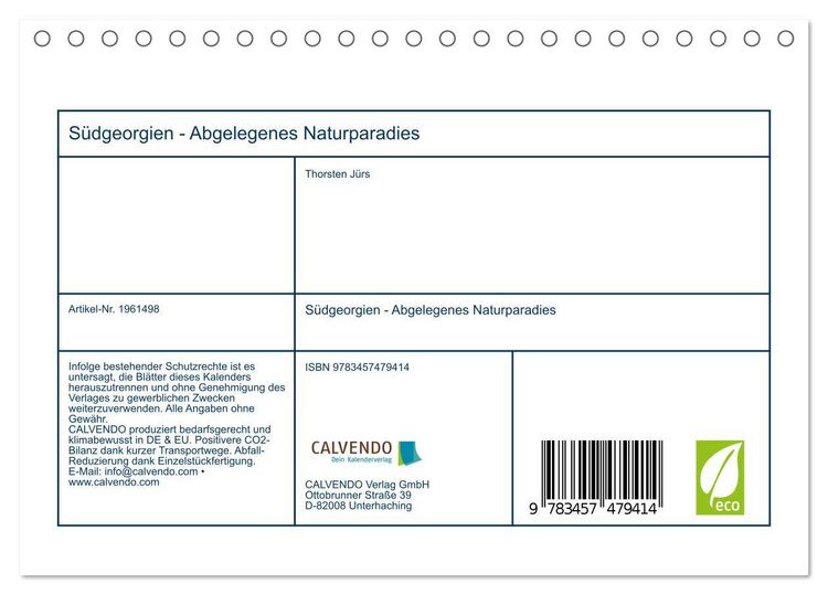 Produktbild: S&uuml;dgeorgien - Abgelegenes Naturparadies (Tischkalender 2026 DIN A5 quer), CALVENDO Monatskalender