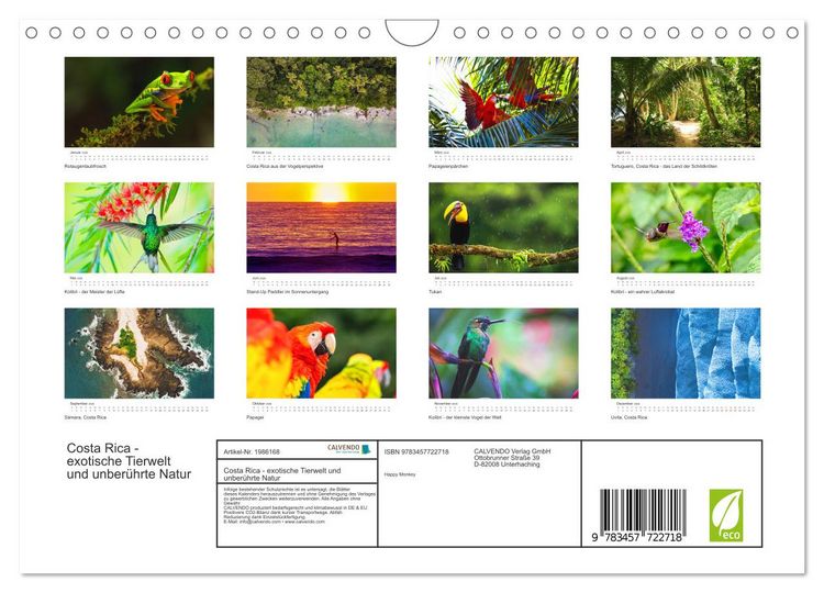Produktbild: Costa Rica - exotische Tierwelt und unber&uuml;hrte Natur (Wandkalender 2026 DIN A4 quer), CALVENDO Monatskalender