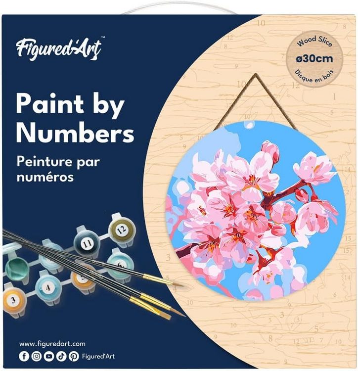 Produktbild: FiguredArt RFA012 - Malen nach Zahlen, Kirschbl&uuml;te, Holzscheibe (30cm), Malset, Paint by Numbers