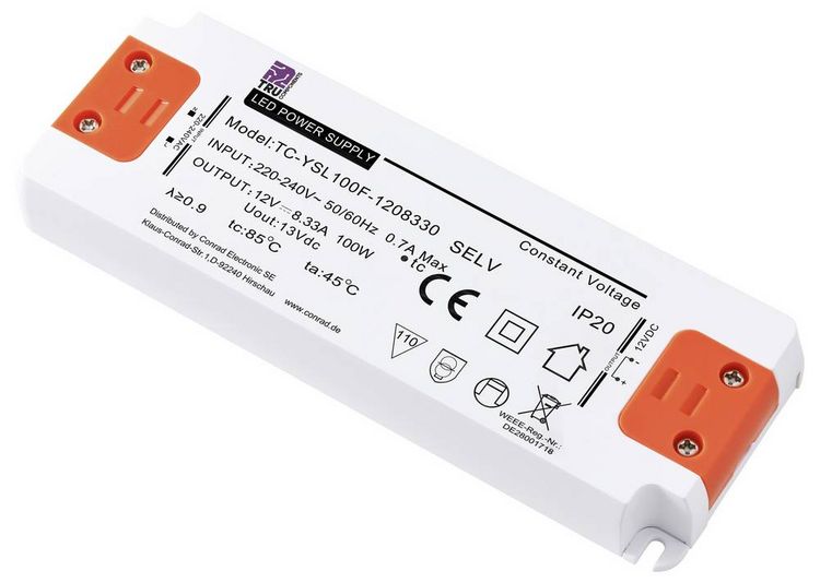 Produktbild: TRU COMPONENTS TC-YSL100F-1208330 LED-Trafo Konstantspannung 100W 8.33A 12 V/DC M&ouml;belzulassung, &Uuml;berspannung, Montage auf