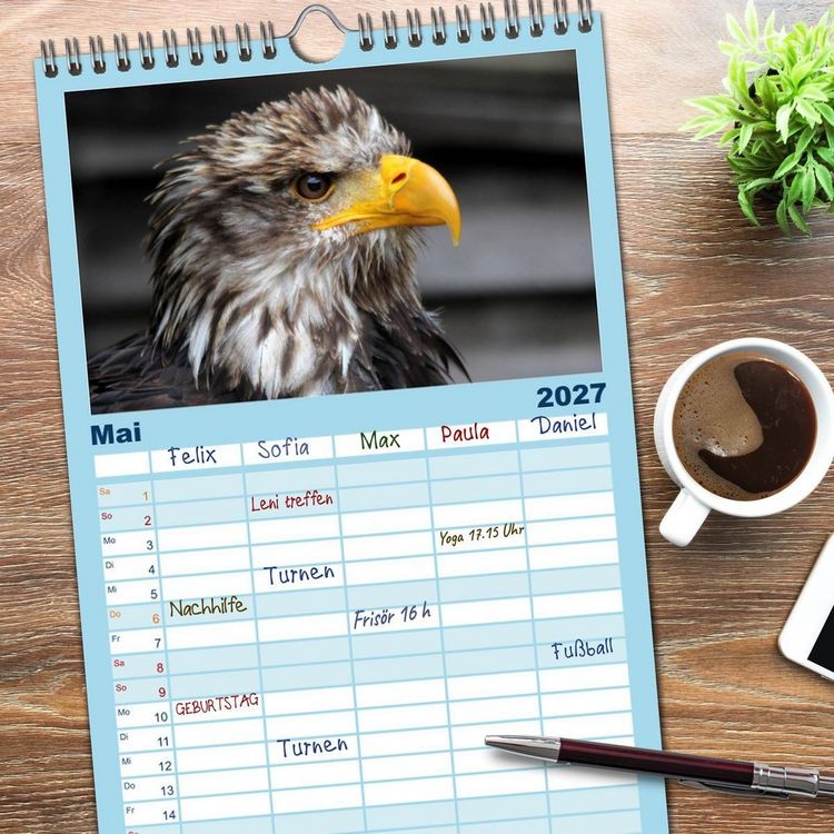Produktbild: Familienplaner 2027 - Greifv&ouml;gel, Eulen und K&auml;uze mit 5 Spalten (Wandkalender, 21 x 45 cm) CALVENDO