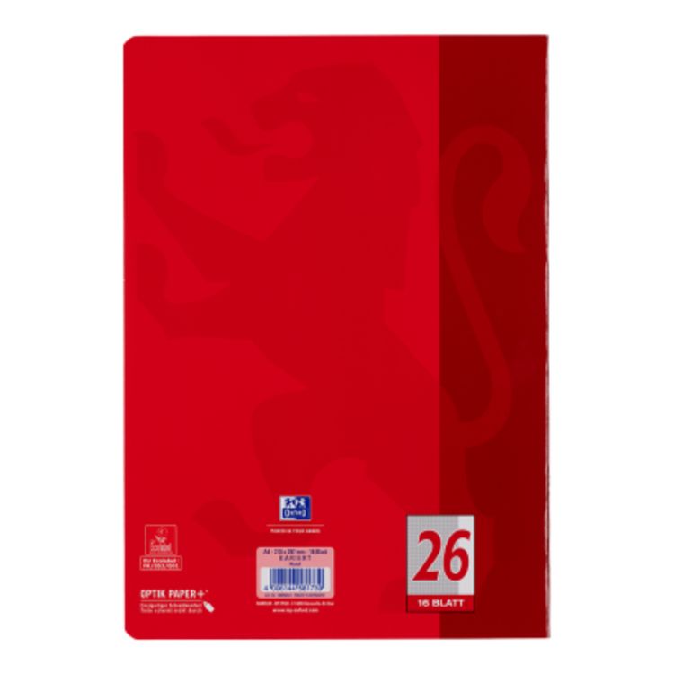 OXFORD Schulheft A4, 16 Blatt, Lineatur 26 (kariert mit Rand rechts), 90 g/m²