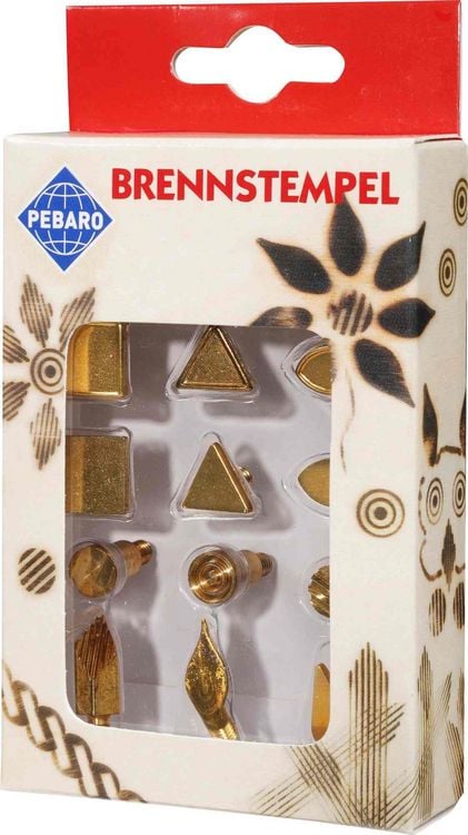 Produktbild: PEBARO 20300 - Brennstempel II, 12-teilig, Motive: Quadrat/Dreieck/Raute/Kreis/Auge/Tropfen/Blatt, passend zum Pebaro-Brandkolben, Brandmalerei