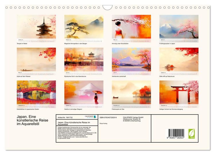 Produktbild: Japan. Eine k&uuml;nstlerische Reise im Aquarellstil (Wandkalender 2026 DIN A3 quer), CALVENDO Monatskalender
