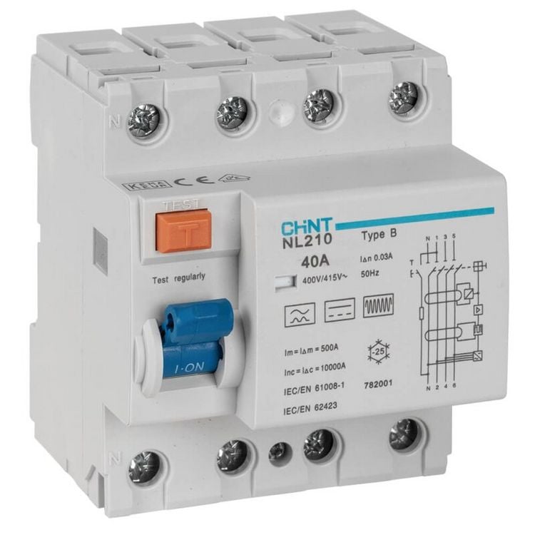 Produktbild: Chint 782001 Fehlerstrom-Schutzschalter allstromsensitiver FI B/10 kA 3polig 40A 0.03A