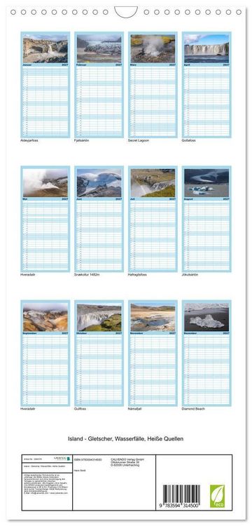 Produktbild: Familienplaner 2027 - Island - Gletscher, Wasserf&auml;lle, Hei&szlig;e Quellen mit 5 Spalten (Wandkalender, 21 x 45 cm) CALVENDO