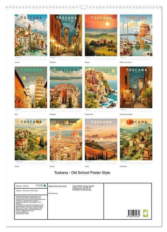 Produktbild: Toskana - Old School Poster Style (Wandkalender 2027 DIN A2 hoch), CALVENDO Monatskalender