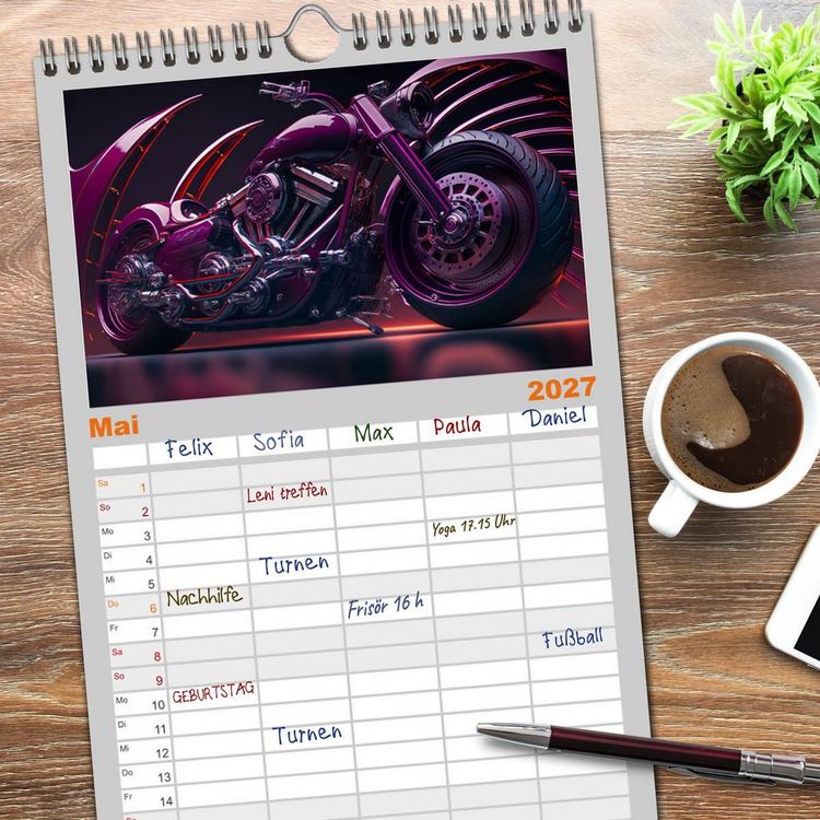 Produktbild: Familienplaner 2027 - Motorrad illusionen mit 5 Spalten (Wandkalender, 21 x 45 cm) CALVENDO