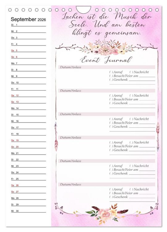 Produktbild: Geburtstagsplaner Boho Rosa - F&uuml;r Termine, Geschenke, Eventdetails & mehr (Wandkalender 2026 DIN A4 hoch), CALVENDO Monatskalender