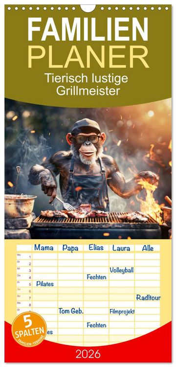 Produktbild: Familienplaner 2026 - Tierisch lustige Grillmeister mit 5 Spalten (Wandkalender, 21 x 45 cm) CALVENDO