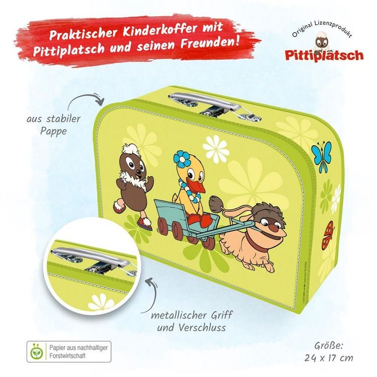 Produktbild: Tr&ouml;tsch Kinder-Koffer Pittiplatsch Bollerwagen medium,Pappkoffer, Koffer aus Pappe, Geschenk Verpackung, Gutschein Verpackung,Spielkoffer, Metallgriff und Metallhenkel, Reisekoffer Kinder