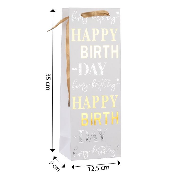 Produktbild: Idena Flaschentasche Happy Birthday wei&szlig; 12,5x35x9xcm 210g/m&sup2; Hei&szlig;pr&auml;gung