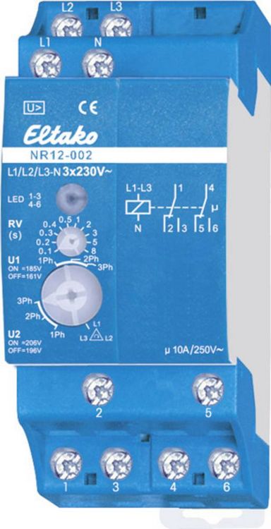Produktbild: Netz&uuml;berwachungsrelais NR12-002-3X230V Eltako Betriebsspannung: 230 V 2 Wechsler (L x B x H) 58 x 36 x 58 mm 1 St.