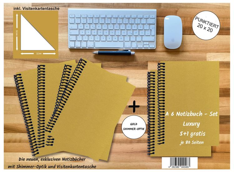 Produktbild: A 6 Notizbuch - Set, 5+1 gratis, Luxury 80 Seiten GOLD GMUND SHIMMER, punktiert 20x20mm