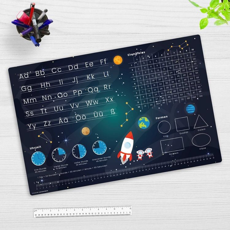 Produktbild: Cover-your-desk Schreibtischunterlage f&uuml;r Kinder Weltraum Schulanfang - abc und einmaleins, aus hochwertigem Vinyl , 60 x 40 cm