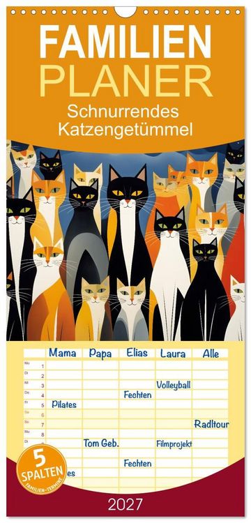 Produktbild: Familienplaner 2027 - Schnurrendes Katzenget&uuml;mmel mit 5 Spalten (Wandkalender, 21 x 45 cm) CALVENDO