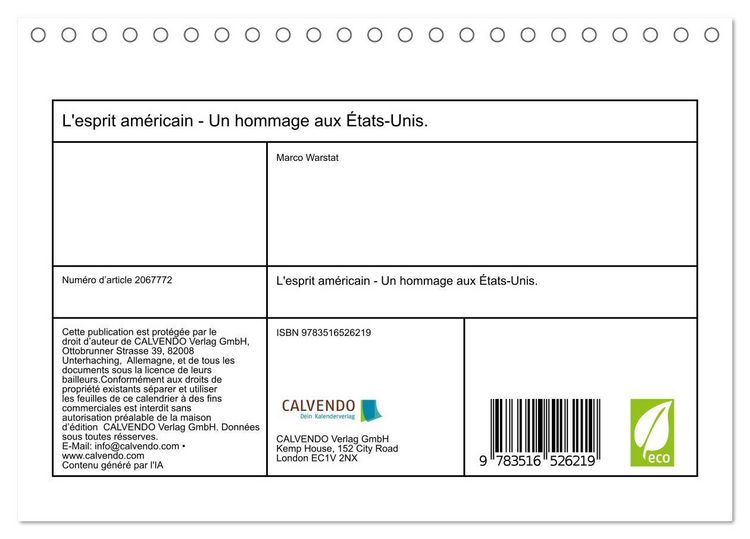 Produktbild: L'esprit am&eacute;ricain - Un hommage aux &Eacute;tats-Unis. (Calendrier de bureau 2026 DIN A5 vertical), CALVENDO calendrier mensuel