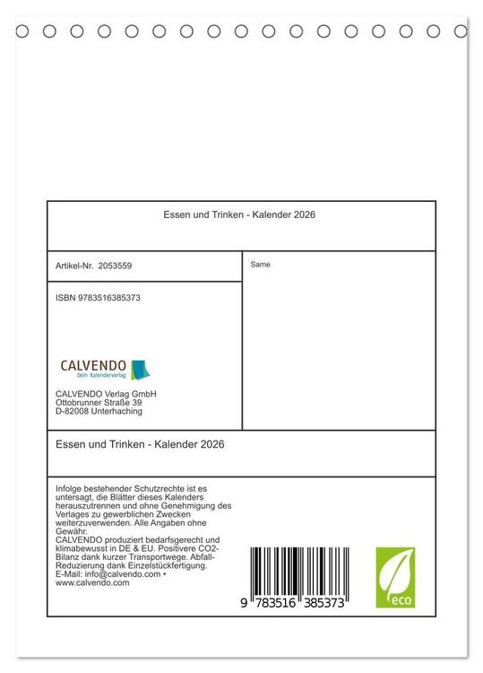 Produktbild: Essen und Trinken - Kalender 2026 (Tischkalender 2026 DIN A5 hoch), CALVENDO Monatskalender