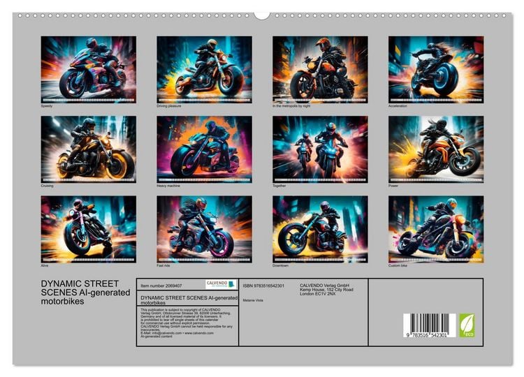 Produktbild: DYNAMIC STREET SCENES AI-generated motorbikes (High Quality Premium Wall Calendar 2026 DIN A2 landscape),CALVENDO 12 Month Wall Calendar