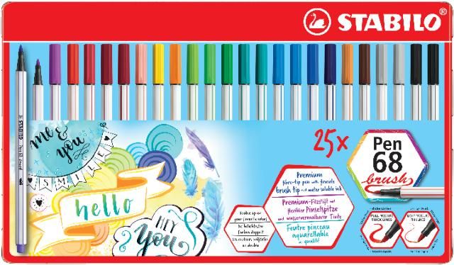 Produktbild: STABILO Premium-Filzstift mit Pinselspitze f&uuml;r variable Strichst&auml;rken -   Pen 68 brush - 25er Metalletui - mit 19 verschiedenen Farben