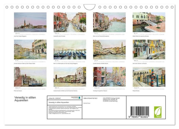 Produktbild: Venedig in stillen Aquarellen (Wandkalender 2026 DIN A4 quer), CALVENDO Monatskalender