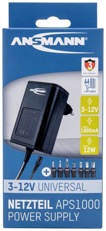 Produktbild: Ansmann 1201-0023 Steckernetzteil, einstellbar 12 V/DC, 9 V/DC, 7.5 V/DC, 6 V, 4.5 V/DC, 3 V 1000 mA 12 W