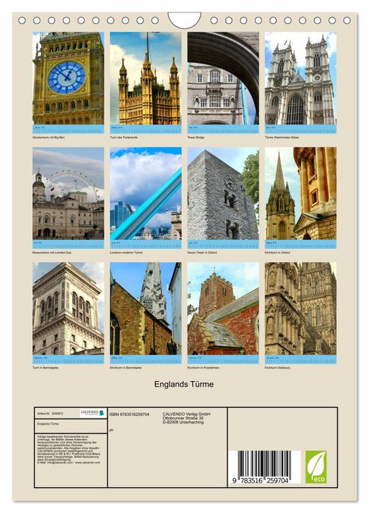 Produktbild: Englands T&uuml;rme (Wandkalender 2026 DIN A4 hoch), CALVENDO Monatskalender