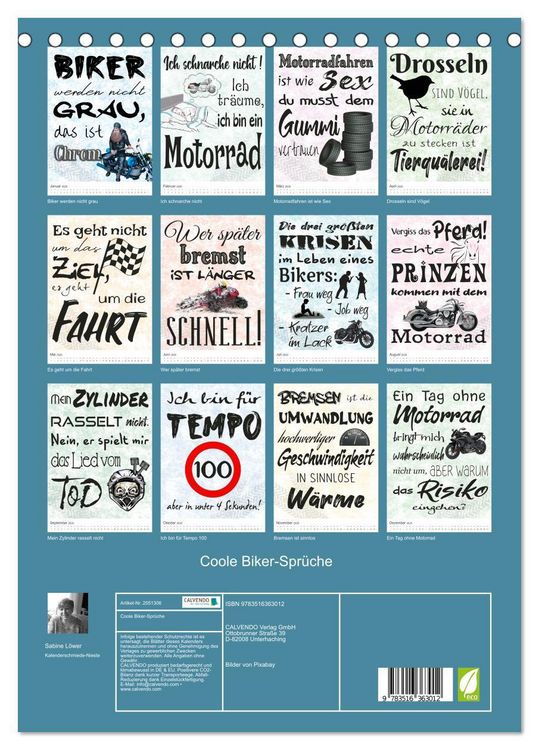 Produktbild: Coole Biker-Spr&uuml;che (Tischkalender 2026 DIN A5 hoch), CALVENDO Monatskalender