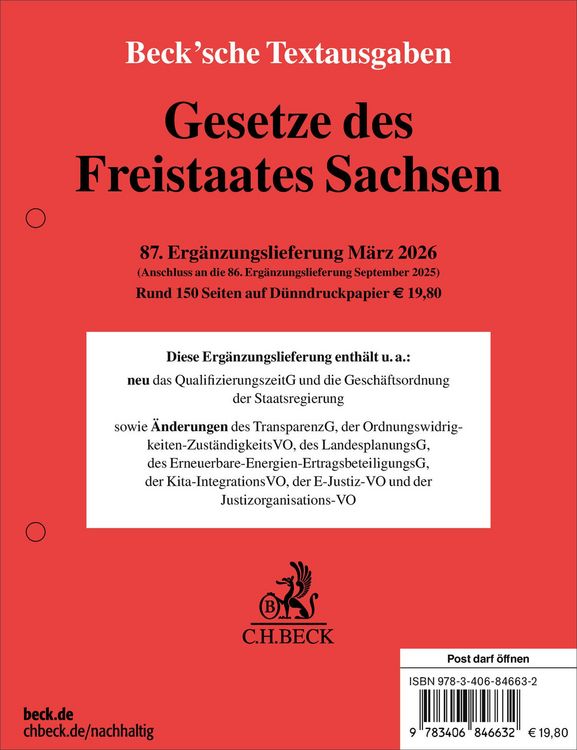 Produktbild: Gesetze des Freistaates Sachsen 87. Erg&auml;nzungslieferung