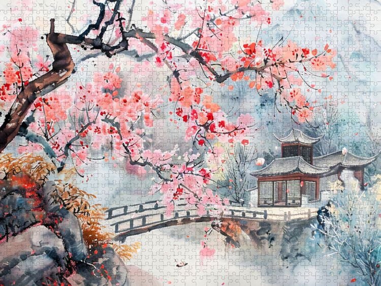 Produktbild: CALVENDO Puzzle Chinesischer Tempel zur Kirschbl&uuml;te als Tuschezeichnung | 1000 Teile Lege-Gr&ouml;&szlig;e 64x48cm Foto-Puzzle f&uuml;r gl&uuml;ckliche Stunden