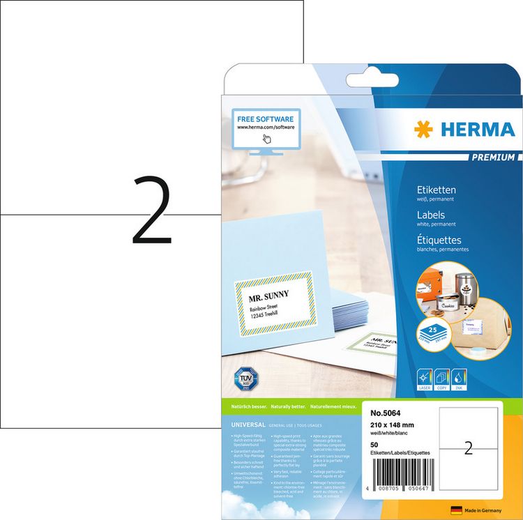 Produktbild: HERMA Etiketten permanent wei&szlig; 210x148mm 25 Blatt 50 St&uuml;ck