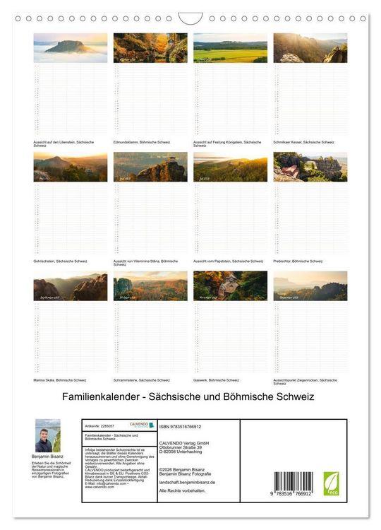 Produktbild: Familienkalender - S&auml;chsische und B&ouml;hmische Schweiz (Wandkalender 2027 DIN A3 hoch), CALVENDO Monatskalender