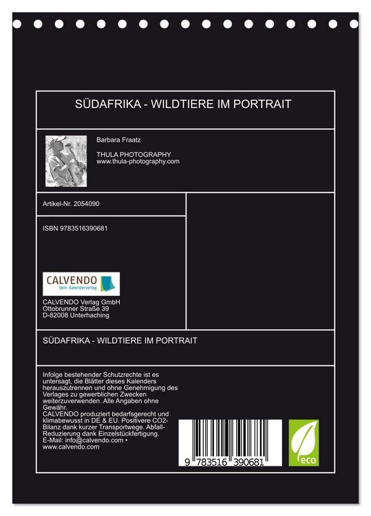 Produktbild: S&Uuml;DAFRIKA - WILDTIERE IM PORTRAIT (Tischkalender 2026 DIN A5 hoch), CALVENDO Monatskalender