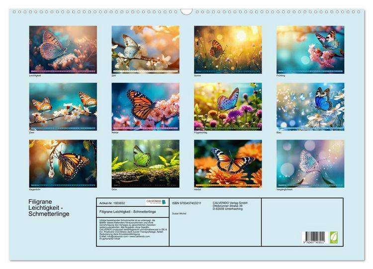 Produktbild: Filigrane Leichtigkeit - Schmetterlinge (Wandkalender 2026 DIN A2 quer), CALVENDO Monatskalender