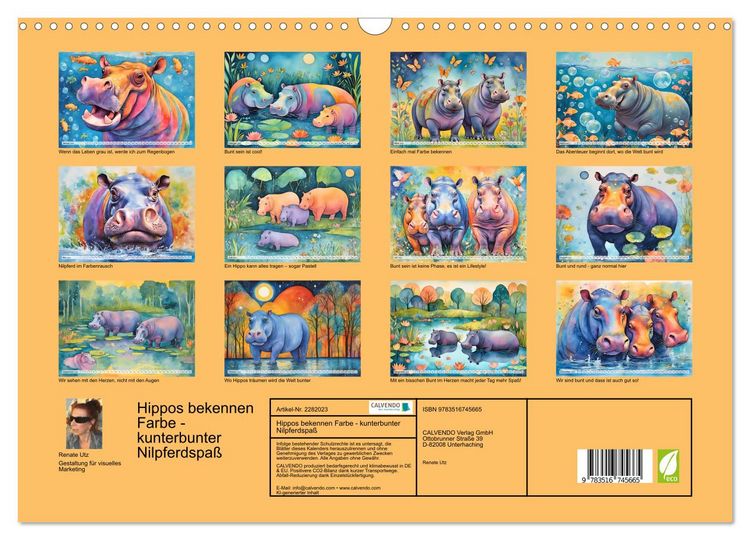 Produktbild: Hippos bekennen Farbe - kunterbunter Nilpferdspa&szlig; (Wandkalender 2026 DIN A3 quer), CALVENDO Monatskalender