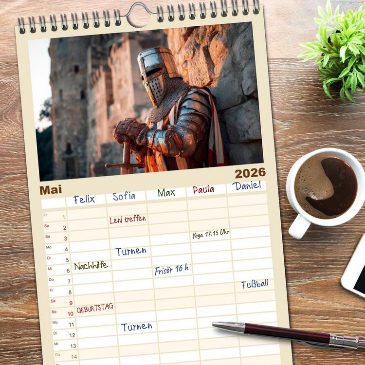Produktbild: Familienplaner 2026 - Ritter - Legenden aus Stahl und Ehre mit 5 Spalten (Wandkalender, 21 x 45 cm) CALVENDO