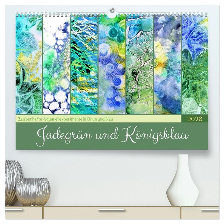 Produktbild: Jadegr&uuml;n und K&ouml;nigsblau - Zauberhafte Aquarellexperimente in Gr&uuml;n und Blau (hochwertiger Premium Wandkalender 2026 DIN A2 quer), Kunstdruck in Hochglanz