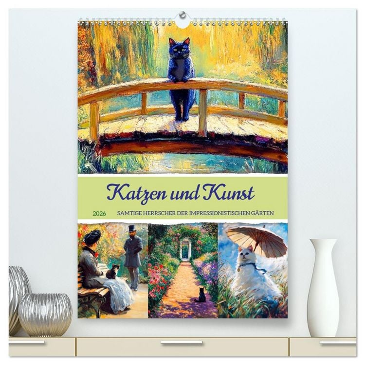 Produktbild: Katzen und Kunst - Samtige Herrscher der impressionistischen G&auml;rten (hochwertiger Premium Wandkalender 2026 DIN A2 hoch), Kunstdruck in Hochglanz