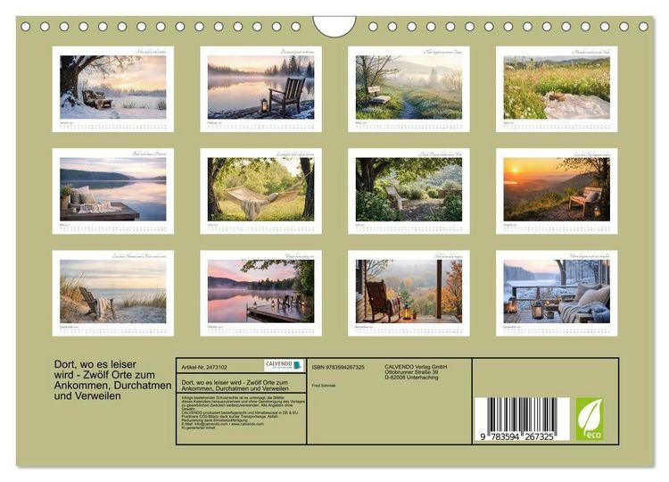Produktbild: Dort, wo es leiser wird - Zw&ouml;lf Orte zum Ankommen, Durchatmen und Verweilen (Wandkalender 2027 DIN A4 quer), CALVENDO Monatskalender
